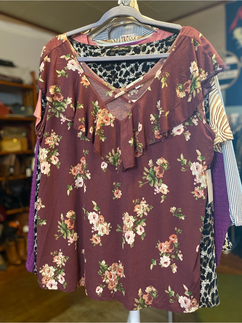Mauve Burgundy Floral Ruffle V-Neck Top